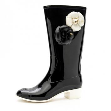 Chanel Black Rubber Camelia Rain Boots Size 36