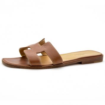 Hermes Brown Leather Oran Box Leather Sandals Size 37