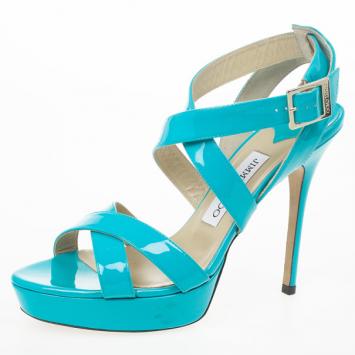 Jimmy Choo Sky Blue Patent Leather Vamp Sandals Size 38.5