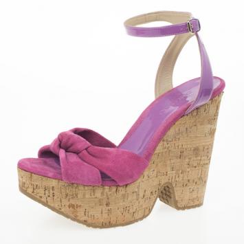 Jimmy Choo ‘Gleam’ Pink Suede Patent Leather Cork Wedge Sandals Size 39