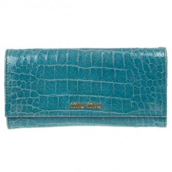 Pre Owned Miu Miu Blue Croc Print Patent Flap Continental Wallet