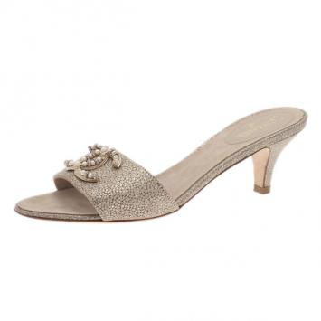 Chanel Gold Leather Pearl CC Slides Size 38.5
