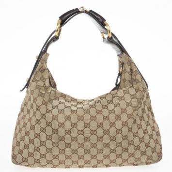 Gucci Navy Beige GG Canvas Medium Horsebit Hobo 