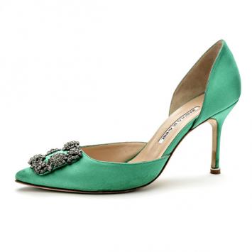 Manolo Blahnik Green Satin Hang Isido D'orsay Pumps Size 38 
