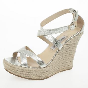 Jimmy Choo Silver Glitter Porto Espadrilles Wedge Sandals Size 40
