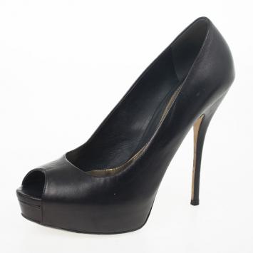 Gucci Black Leather Sofia Peep Toe Platform Pumps Size 39
