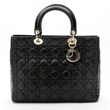 Christian Dior Black Cannage Lambskin 'Lady Dior' Large Top Handle Tote