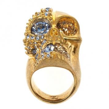 Alexander McQueen Golden Crystal Two-Faced Skull Cocktail Ring Size 52