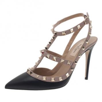 Valentino Beige and Black Leather Rockstud Sandals Size 37.5