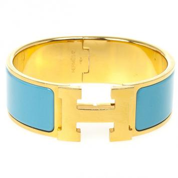 Hermes Clic-Clac H Blue Enamel Gold Plated Bracelet