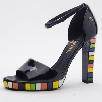 Chanel Teal Pearlized Patent Calf Sandals With Multicolor Laquered Platform Heels Size 37