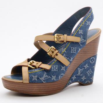 Louis Vuitton Denim Monogram Buckle Wedges Size 37