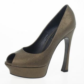 Saint Laurent Paris Bronze Metallic Palais Peep Toe Platform Pumps Size 38.5