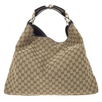 Gucci Beige/Ebony GG Canvas Horsebit Large Hobo Bag