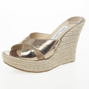 Jimmy Choo Gold Metallic Leather ‘Phyllis’ Espadrilles Wedges Slides Size 40