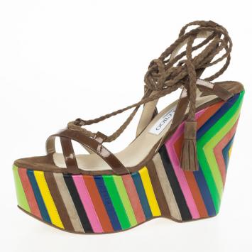 Jimmy Choo Multicolor Suede &amp; Leather Pearl Wedge Sandals Size 39.5