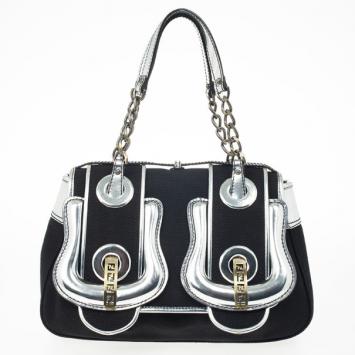 Fendi Black Canvas and Silver Patent Leather B Bag