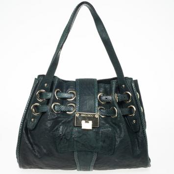 Jimmy Choo Green Leather and Python Embossed Riki Shoulder Bag