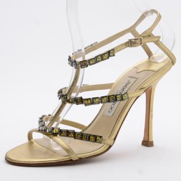 Jimmy Choo Gold Leather Crystal Strappy Sandals Size 36.5