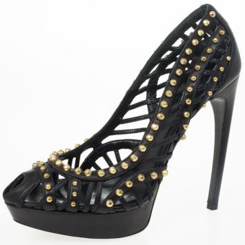 Alexander McQueen Black Cutout Studded Pumps Size 40 