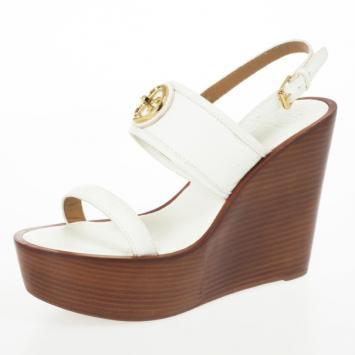 Tory Burch White Leather Selma Logo Wedges Sandals Size 40.5