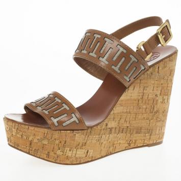 Tory Burch Brown Leather Regan Platform Cork Wedge Sandals Size 40.5 