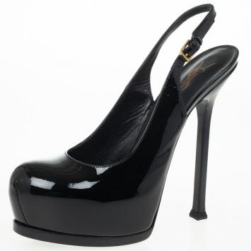 Yves Saint Laurent Black Patent Tribtoo Slingback Platform Sandals Size 37