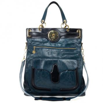 Balenciaga Black and Teal Leather Lune Tote