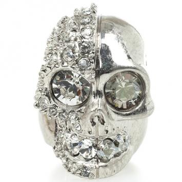 Alexander McQueen Silver Crystal Two-Faced Skull Cocktail Ring Size 53