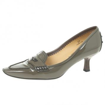 Tod's Grey Patent Pointed Toe Penny Loafer Pumps Size 37