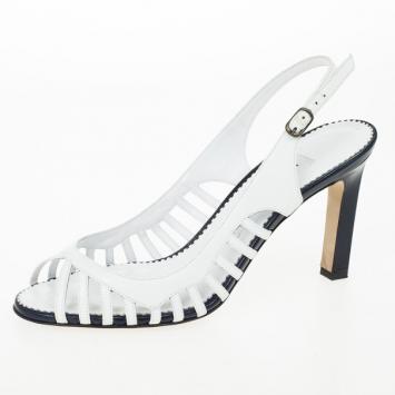 Manolo Blahnik White &amp; Navy Leather Slingback Sandals Size 37