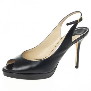 Jimmy Choo Black Leather Peep Toe Nova Slingback Sandals Size 37