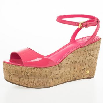 Tory Burch Pink Patent Leather Dahlia Cork Wedges Size 39.5