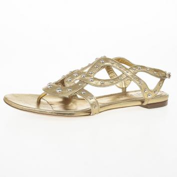 Alexander McQueen Gold Metallic Leather Studded Flat Sandals Size 39.5