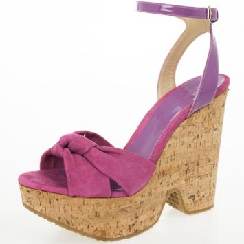 Jimmy Choo 'Gleam' Pink Suede Patent Leather Cork Wedge Sandals Size 38.5