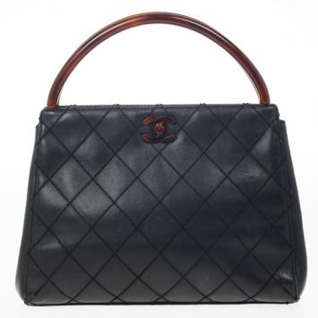 Chanel Vintage Black Quilted Tortoise Handle Small Tote