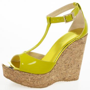 Jimmy Choo Lime Green Patent Leather Pela Cork Wedge Sandals Size 38 