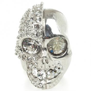 Alexander McQueen Silver Crystal Two-Faced Skull Cocktail Ring Size 52