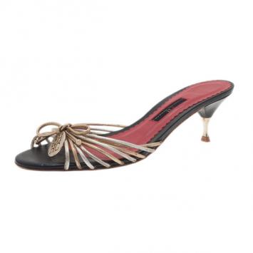 Carolina Herrera Gold and Silver Leather Logo Slides Size 39