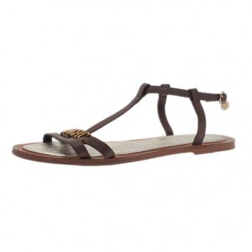 Carolina Herrera Brown Leather Logo T Strap Flat Sandals Size 38