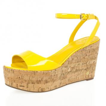 Tory Burch Yellow Patent Leather Dahlia Cork Wedges Size 39.5