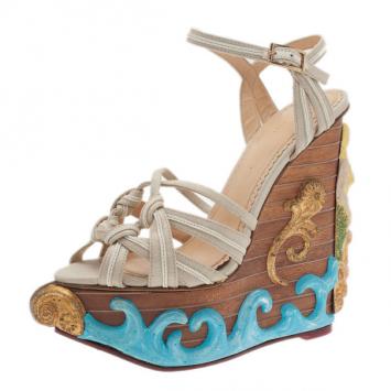 Charlotte Olympia Beige Canvas Maiden Voyage Wedge Sandals Size 37