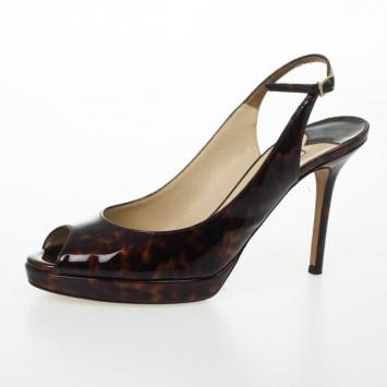 Jimmy Choo Nova Patent Tortoise Peep Toe Slingback Sandals Size 38.5