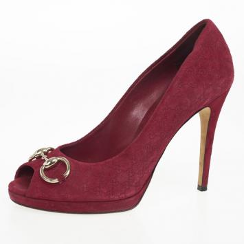 Gucci Raspberry Suede Guccissima 'New Hollywood' Horsebit Peep Toe Pumps Size 38