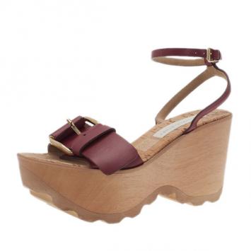 Stella McCartney Bordeaux Faux Leather Buckle Ankle Strap Wedges Size 38