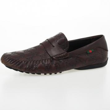 Pre Owned Gucci Dark Brown Guccissima Leather Penny Loafer Drivers With Interlocking G Size 43.5