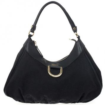 Gucci Black GG Canvas Gold D Ring Hobo Bag