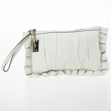 Dolce and Gabbana White Pleated Leather Ruffle Zip Clutch 