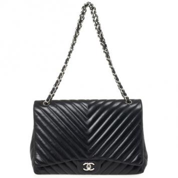 Chanel Black Quilted Leather Chevron Jumbo Flap Bag