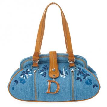 Dior Blue Denim Floral Frame Satchel Flap bag